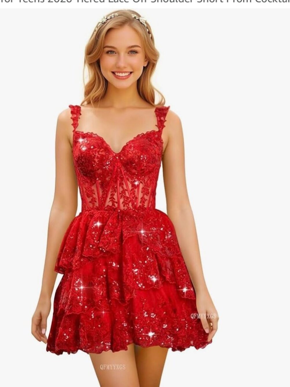 AO YAN Girls Red Sequin Lace Tiered Party Dress | Size 24 Plus | NWT